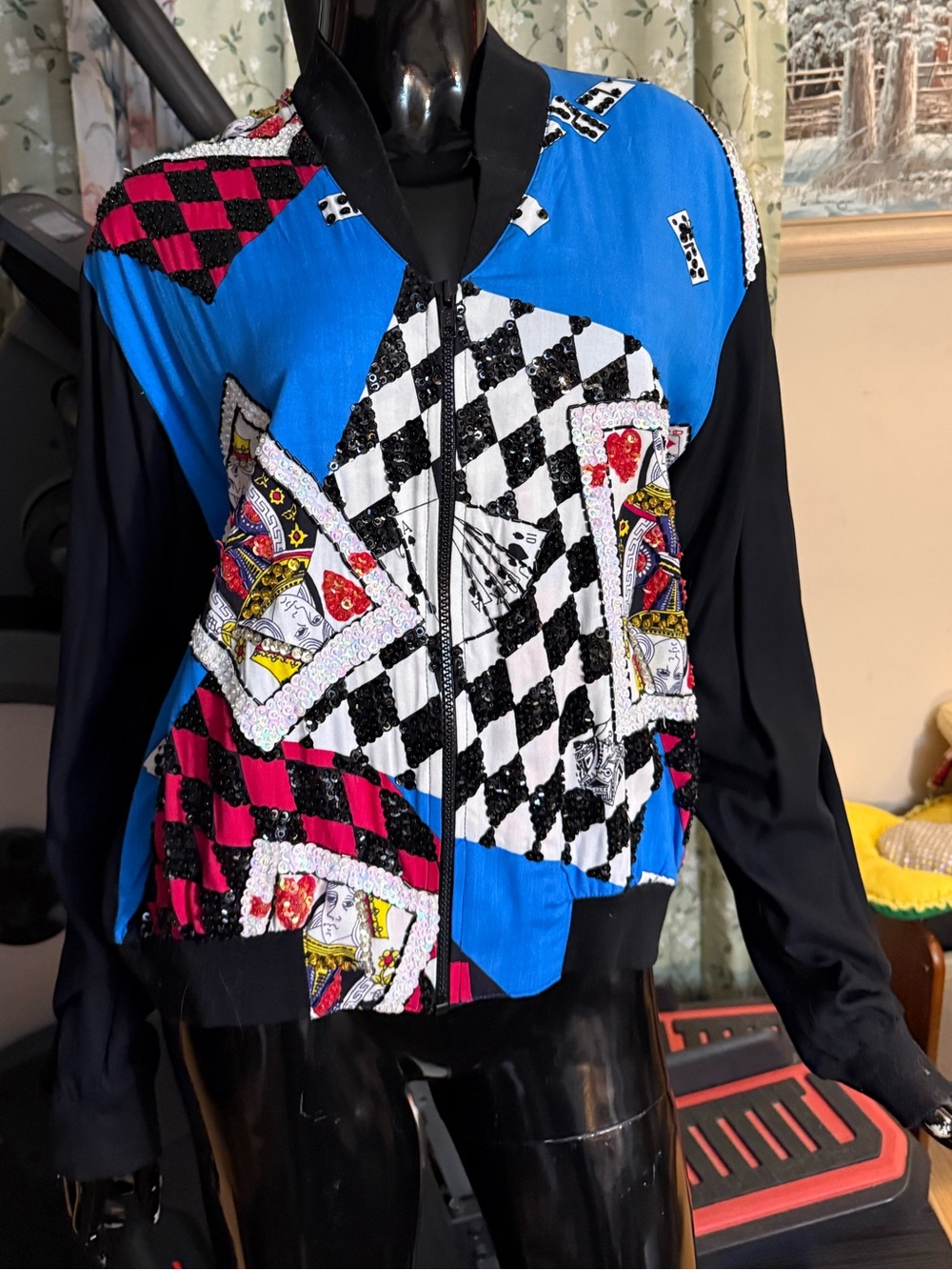 Women's Blue & Black Sequin Card-Print Bomber Jacket